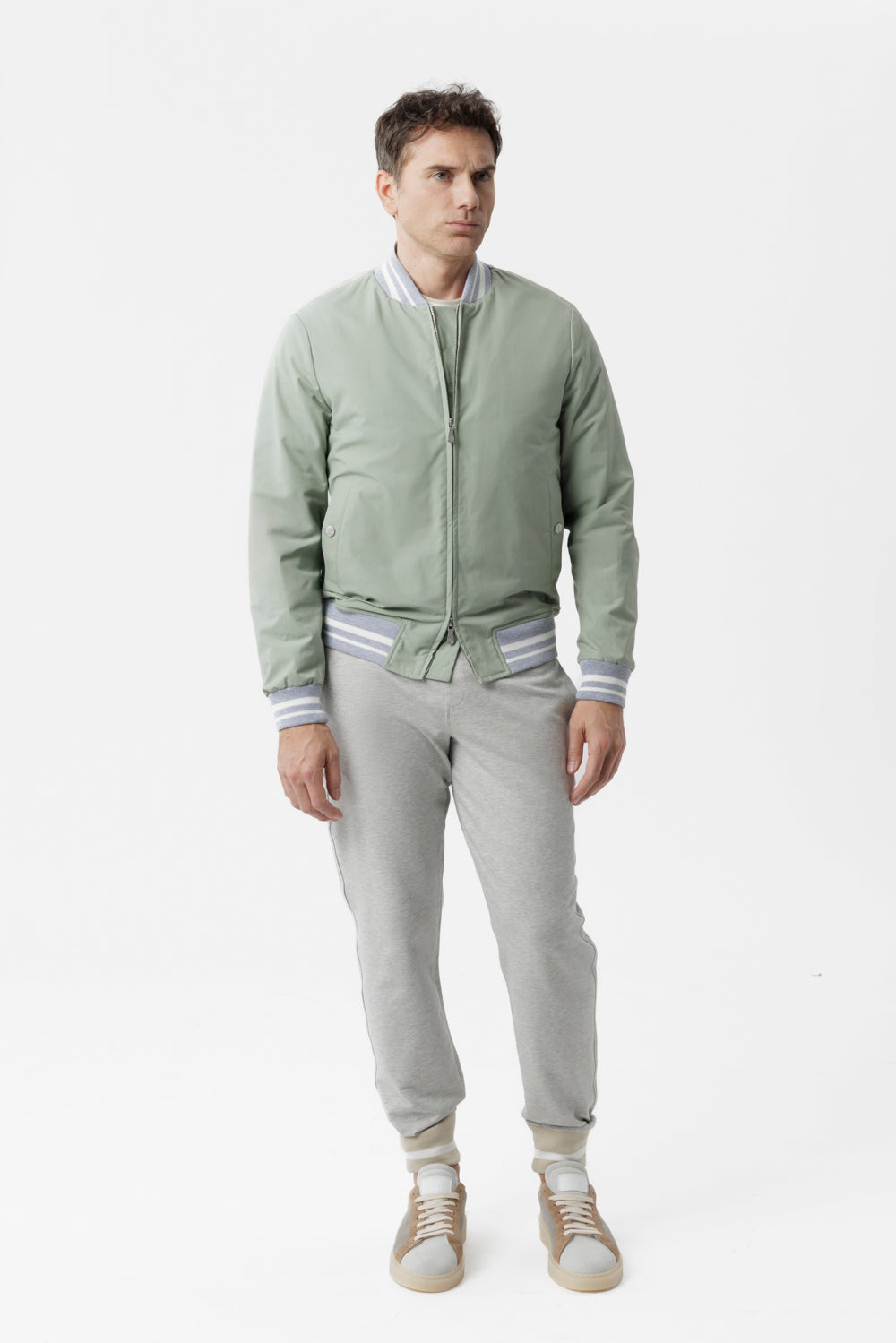 Sage green technical cotton varsity jacket