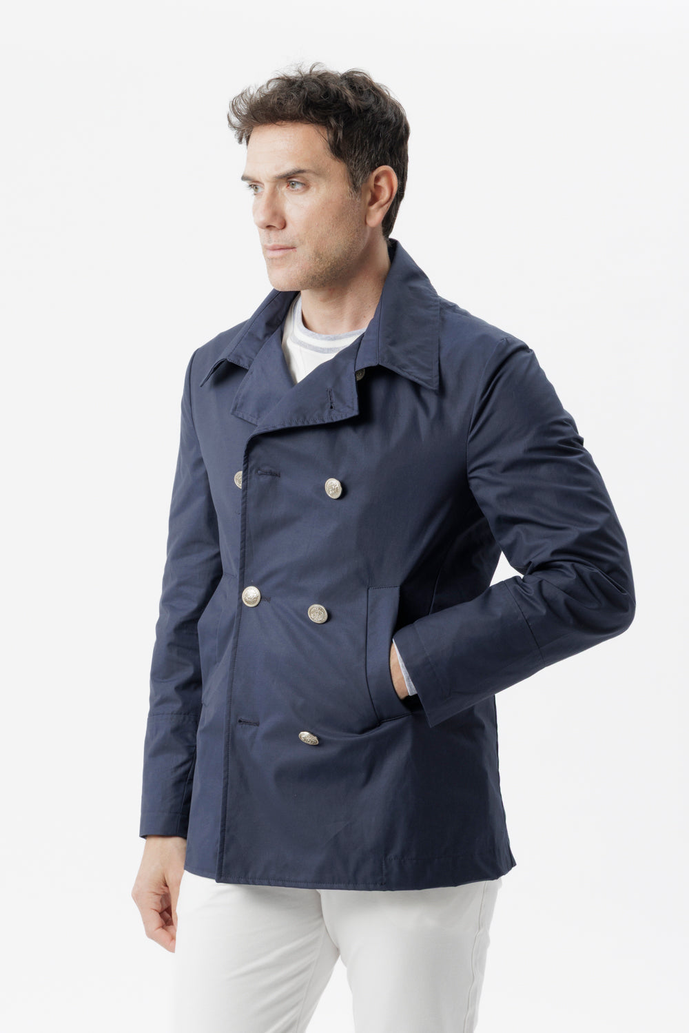 Double-breasted caban in blue technical cotton