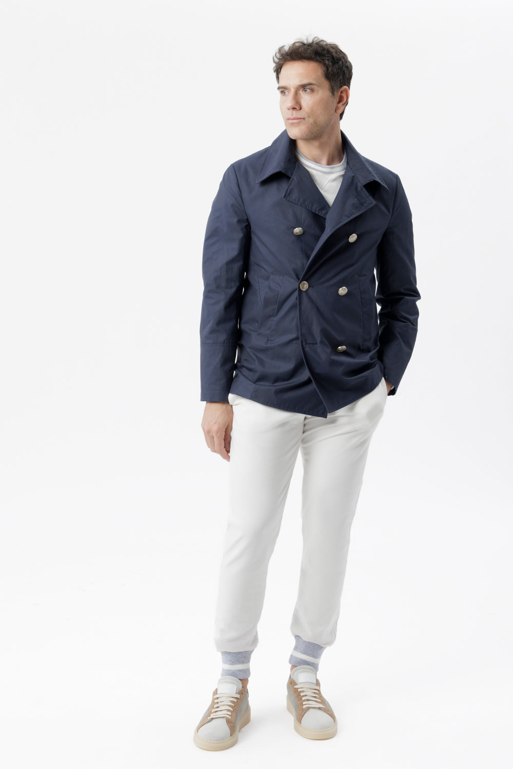 Double-breasted caban in blue technical cotton