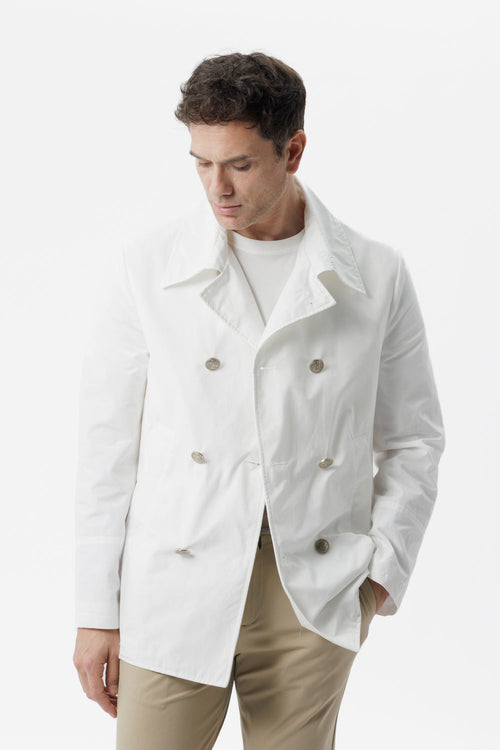 White technical cotton double-breasted caban