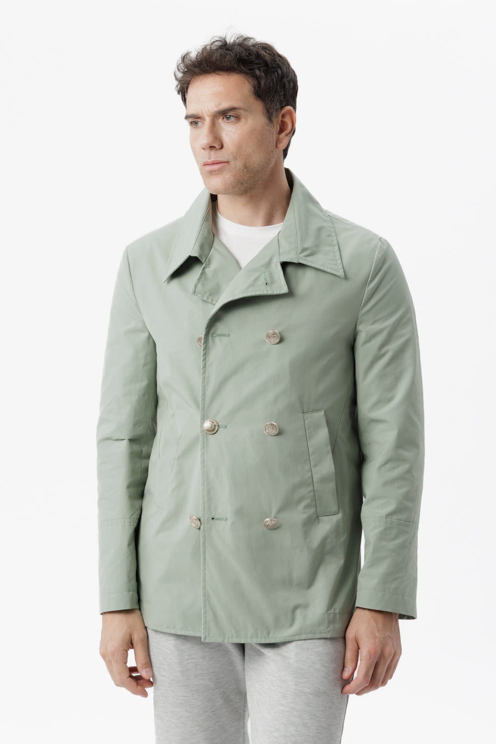 Double-breasted caban in sage green technical cotton