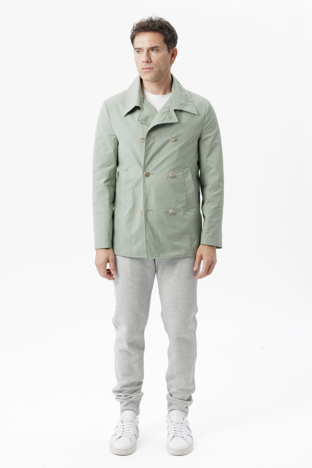 Double-breasted caban in sage green technical cotton
