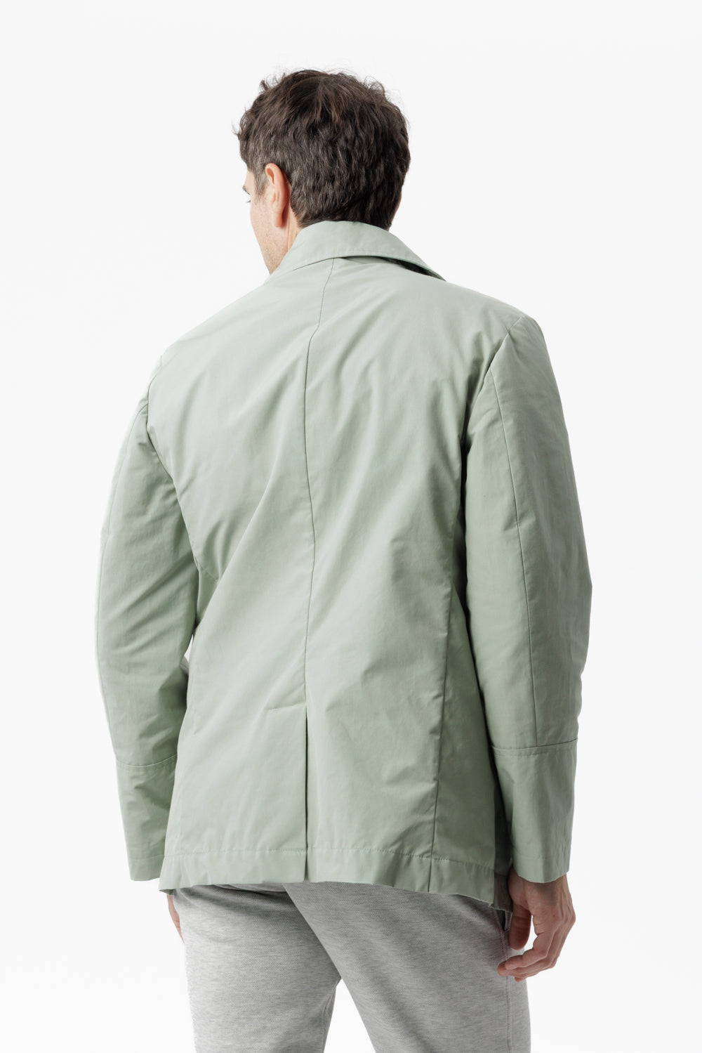 Double-breasted caban in sage green technical cotton