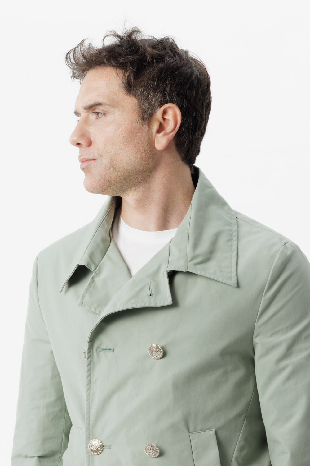 Double-breasted caban in sage green technical cotton