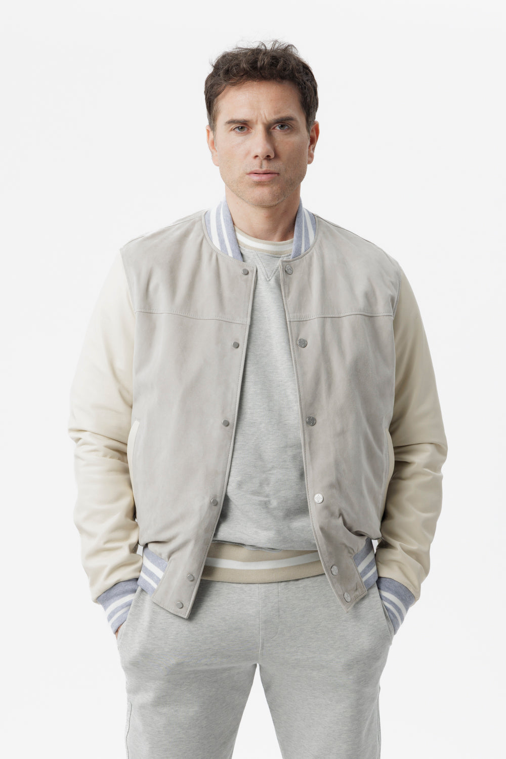 Grey suede and nappa leather bomber jacket