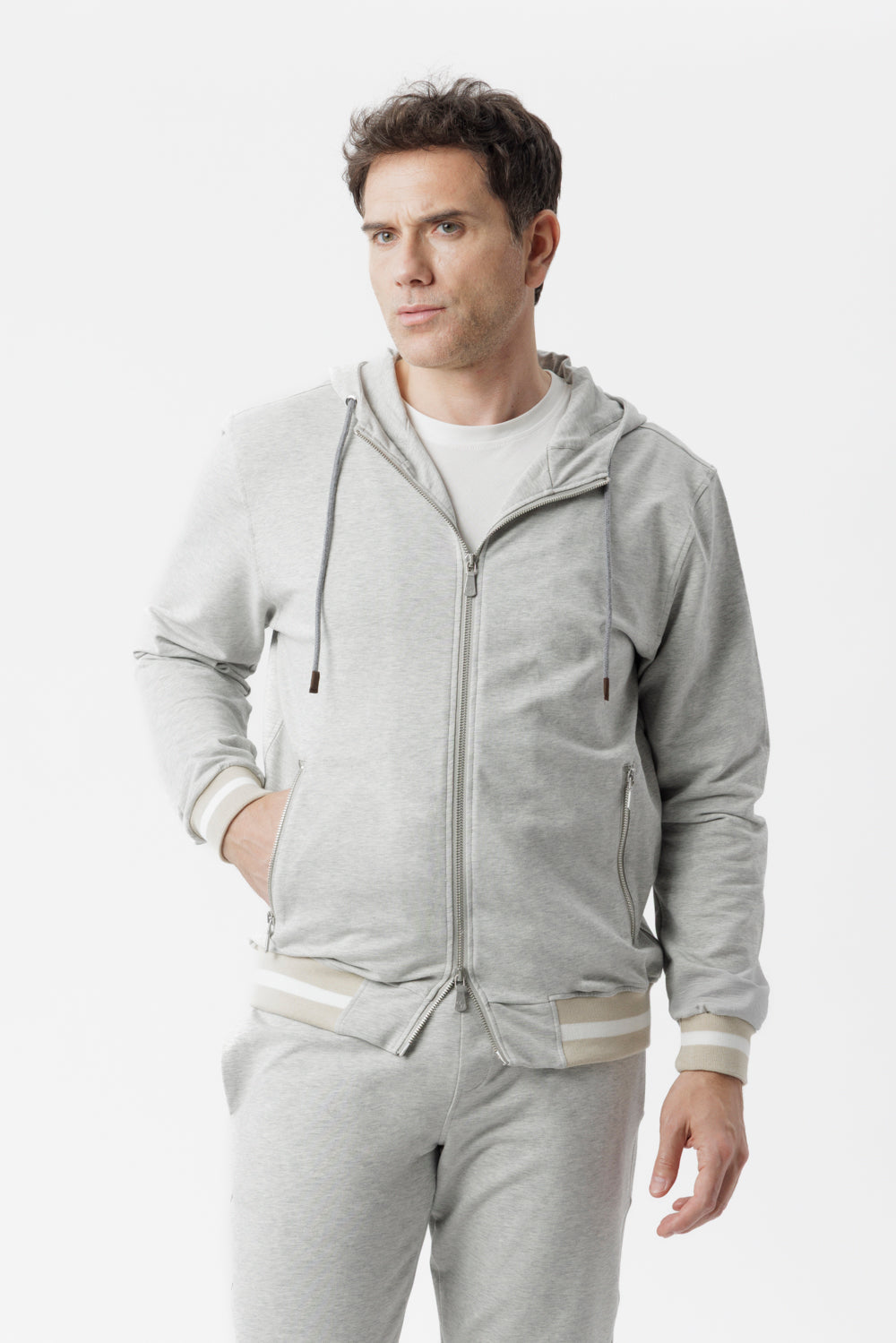 Grey cotton hooded zip sweatshirt