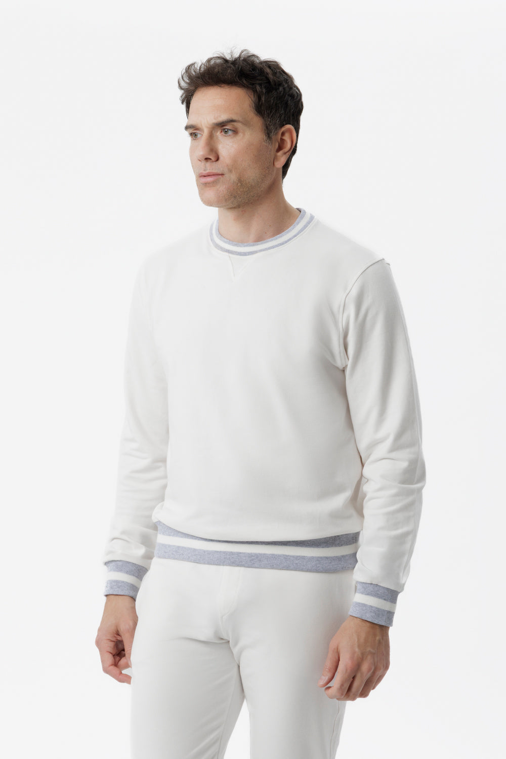 White cotton crew-neck sweatshirt with two-tone details