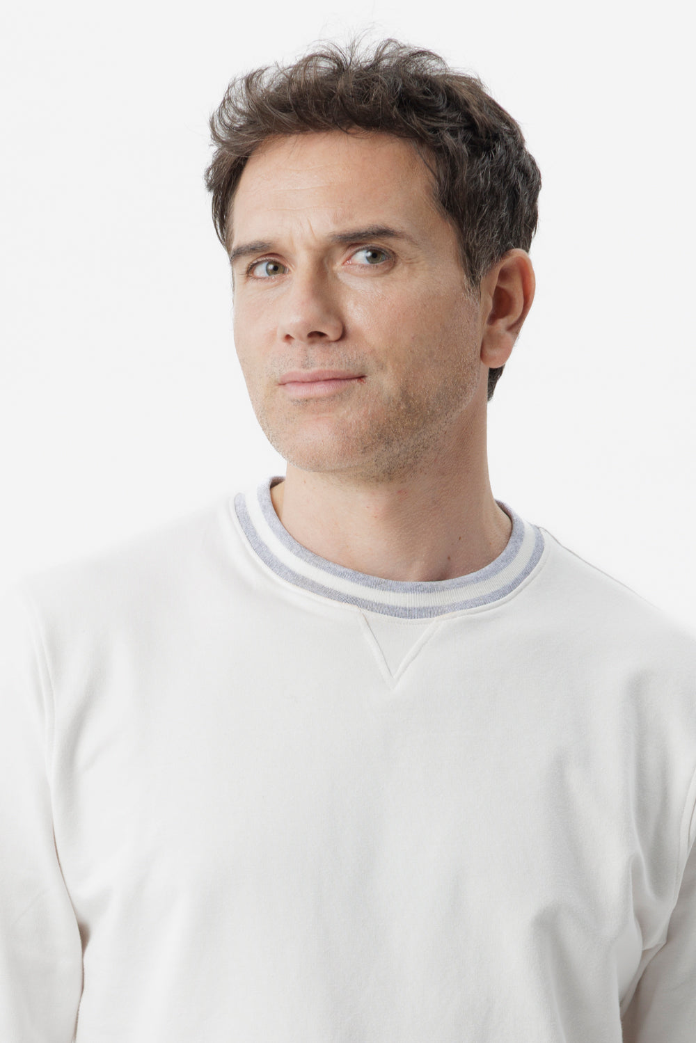 White cotton crew-neck sweatshirt with two-tone details