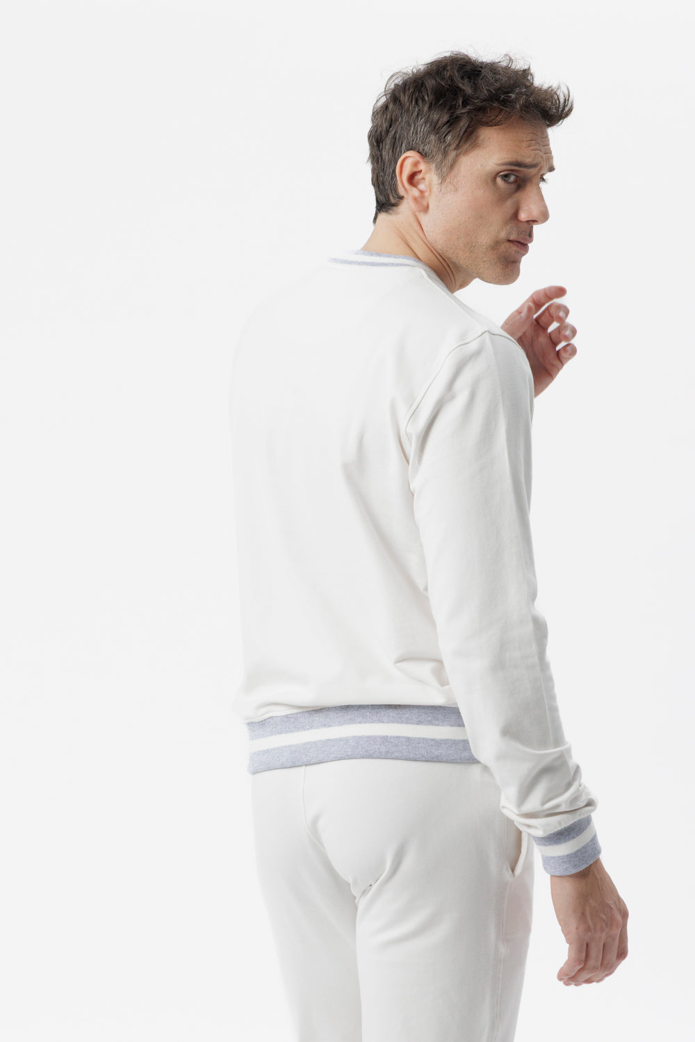 White cotton crew-neck sweatshirt with two-tone details