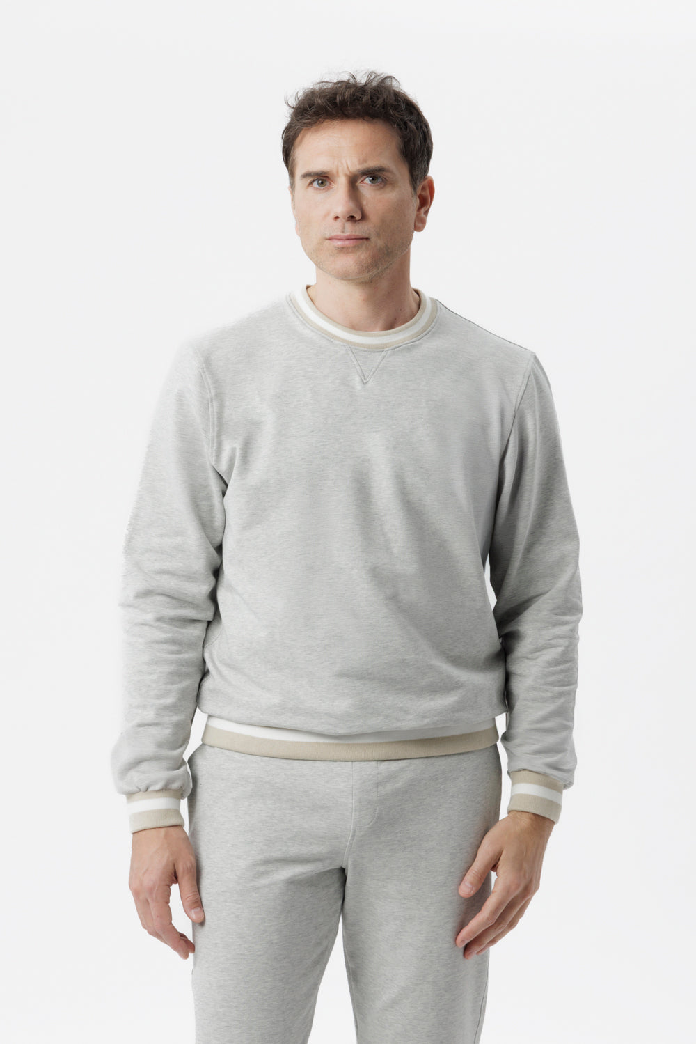 Felpa girocollo in cotone grigio con dettagli bicolore