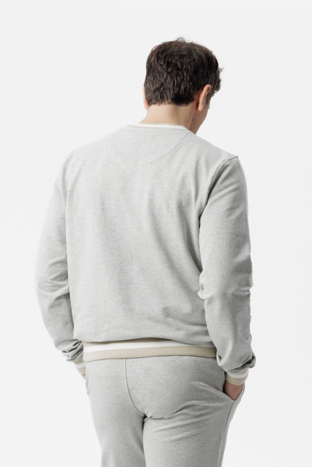 Grey cotton crew neck sweatshirt with two-tone details
