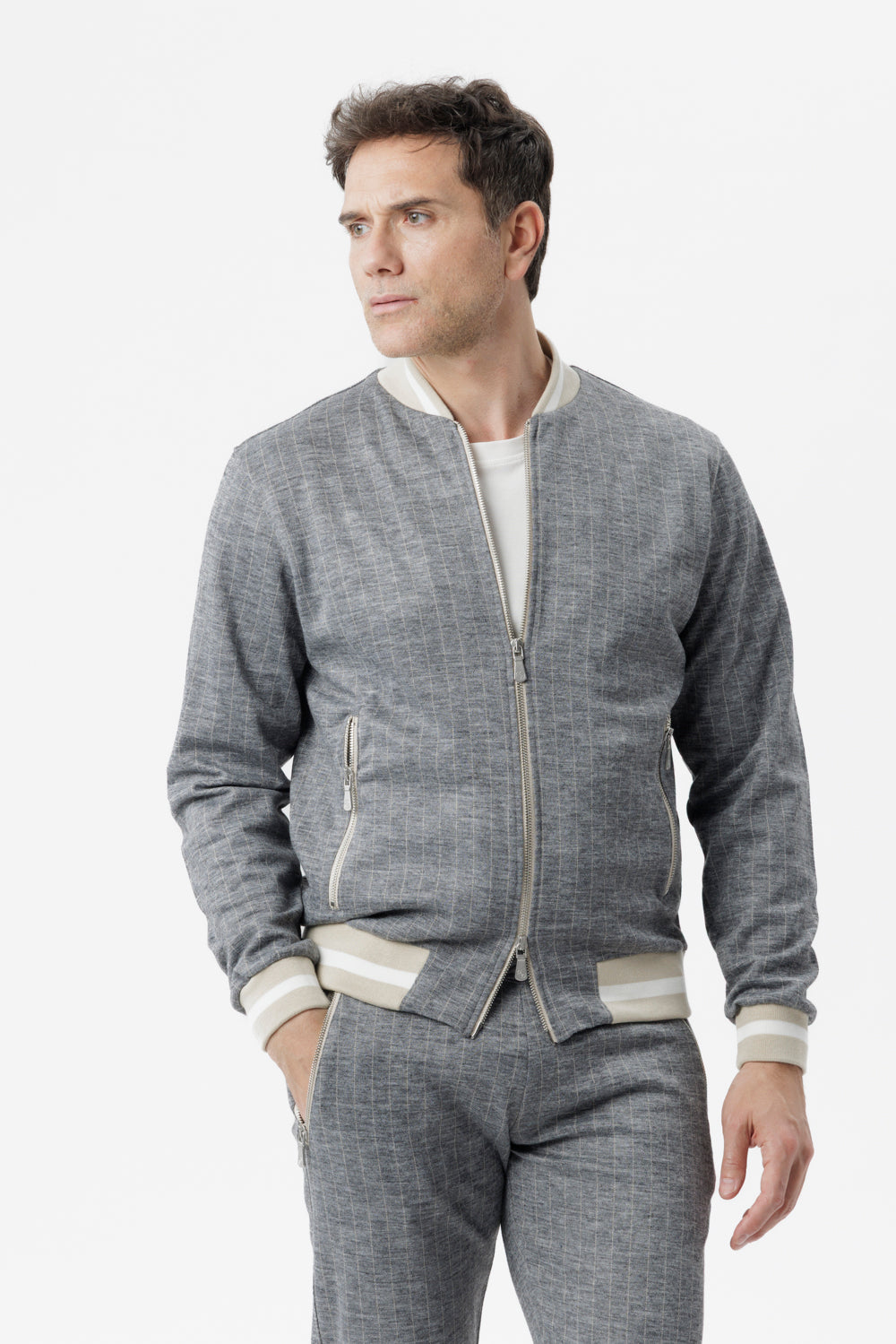 Grey pinstripe zip-up sweatshirt