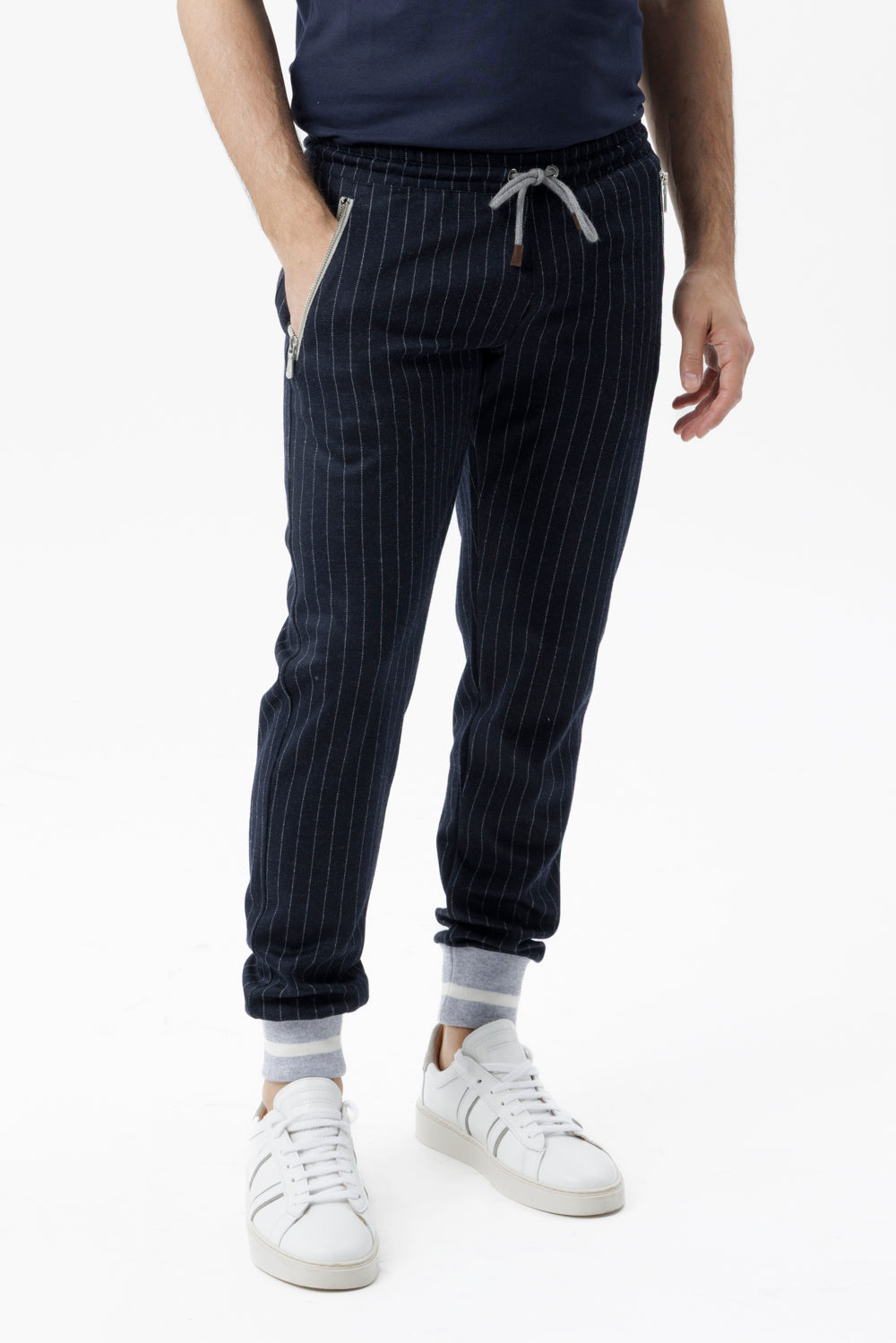 Blue pinstriped jogger trousers