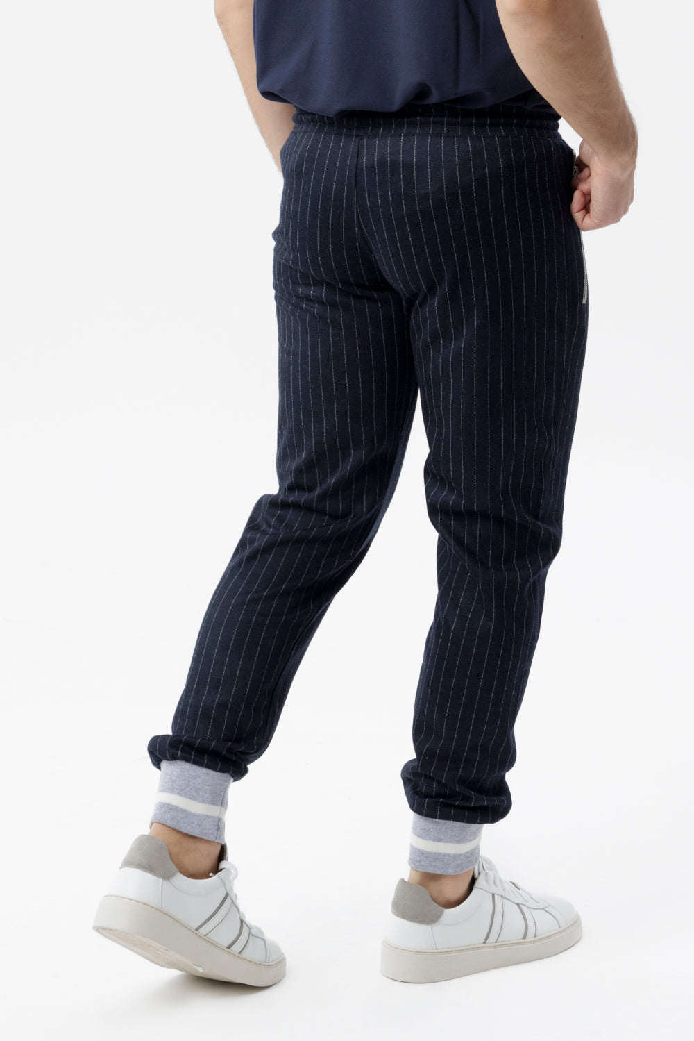 Blue pinstriped jogger trousers