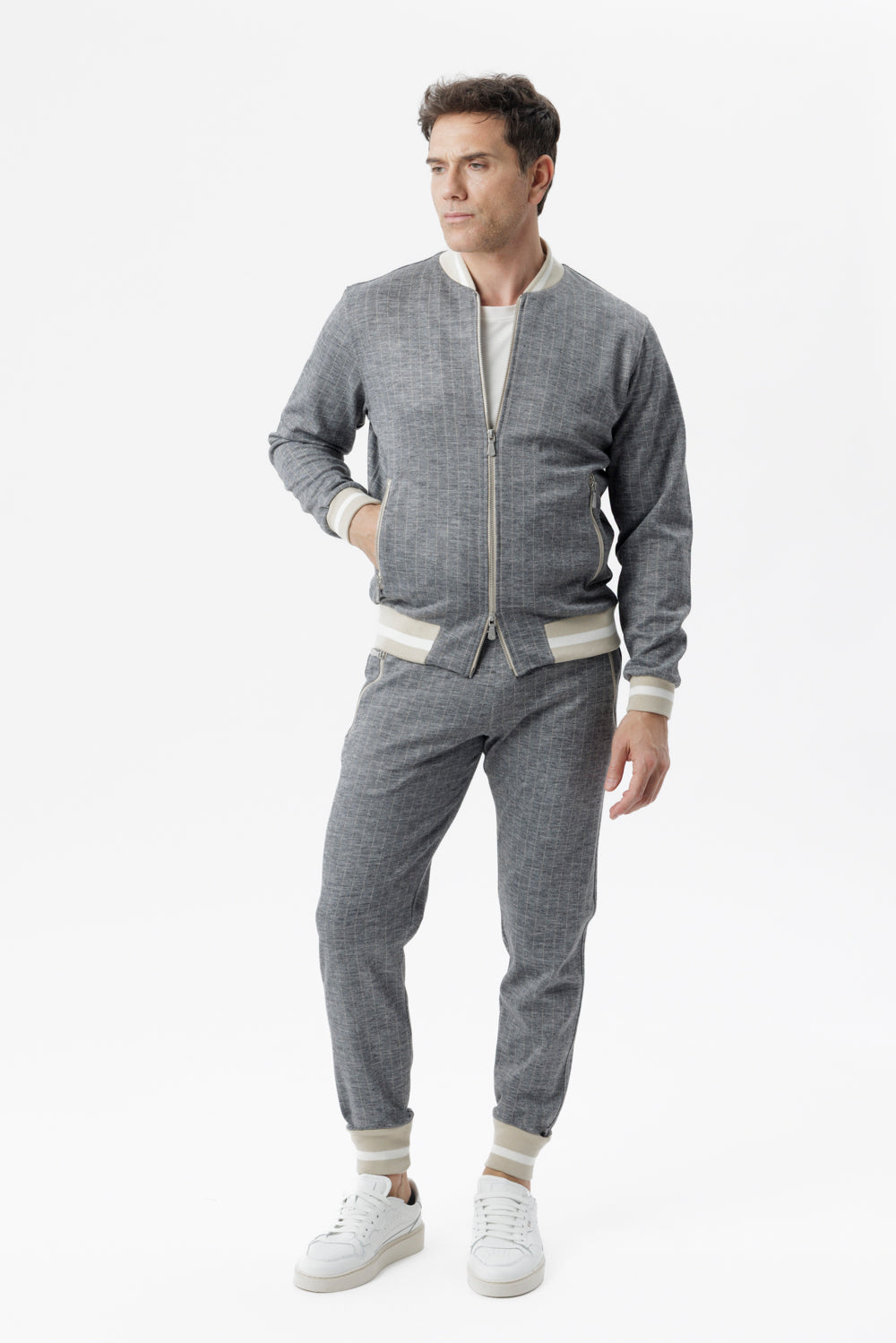 Grey pinstripe jogger pants