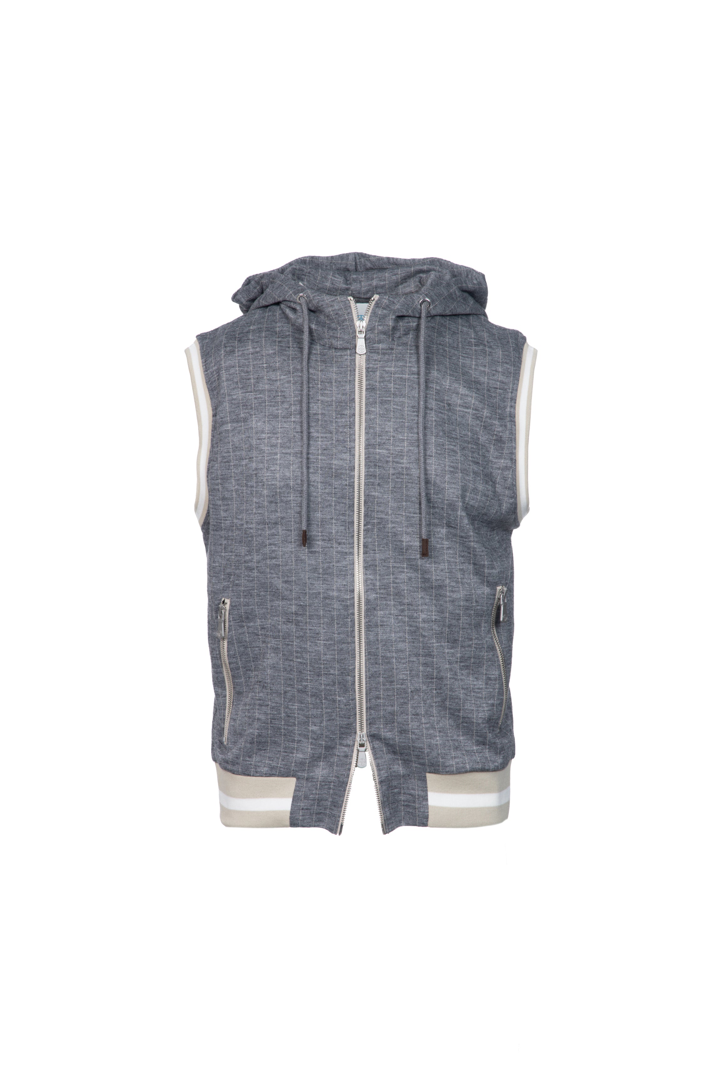 Grey pinstripe virgin wool hooded gilet
