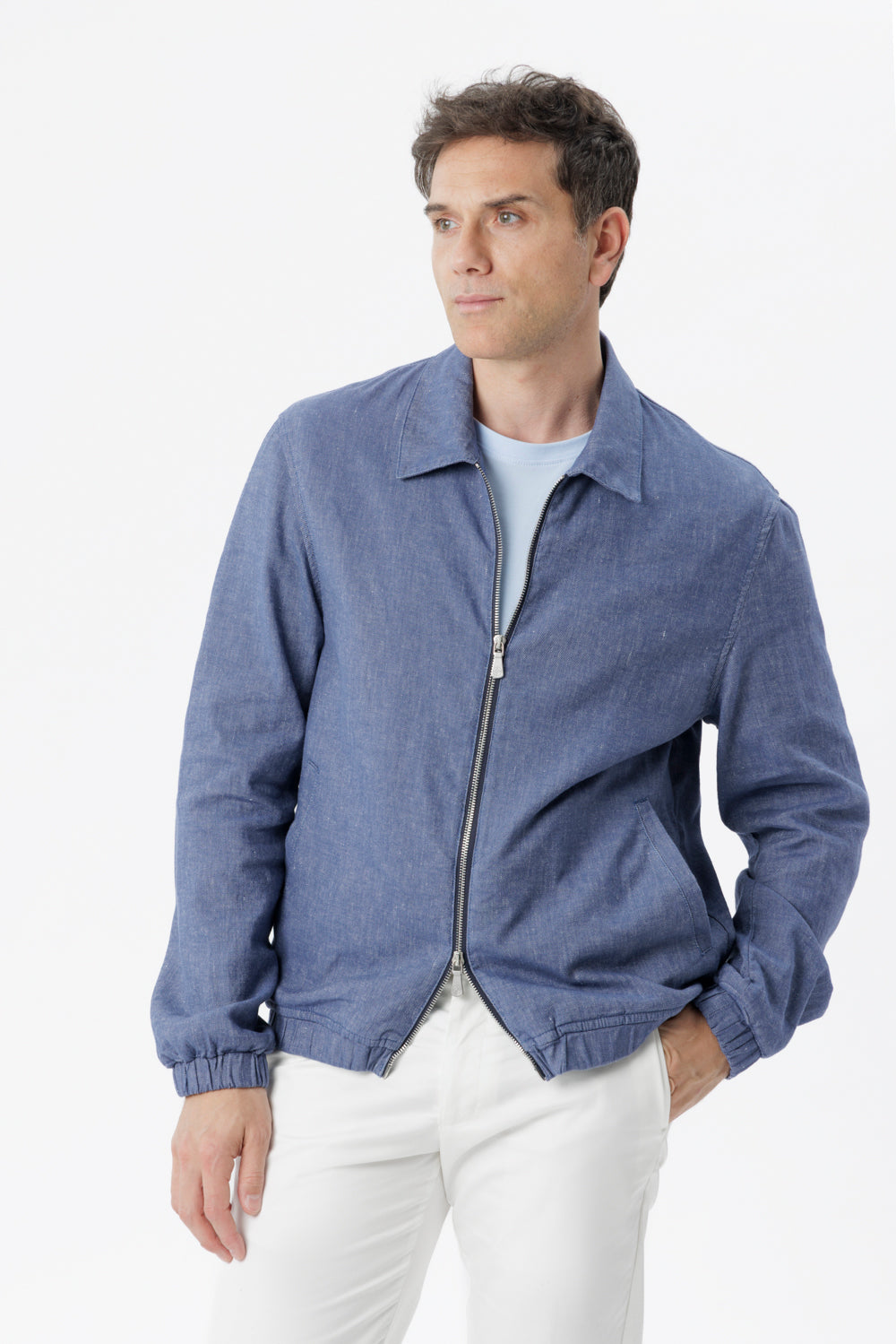 Genova jacket with zip in medium denim cotton blend linen