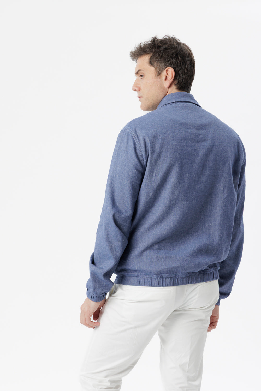 Genova jacket with zip in medium denim cotton blend linen