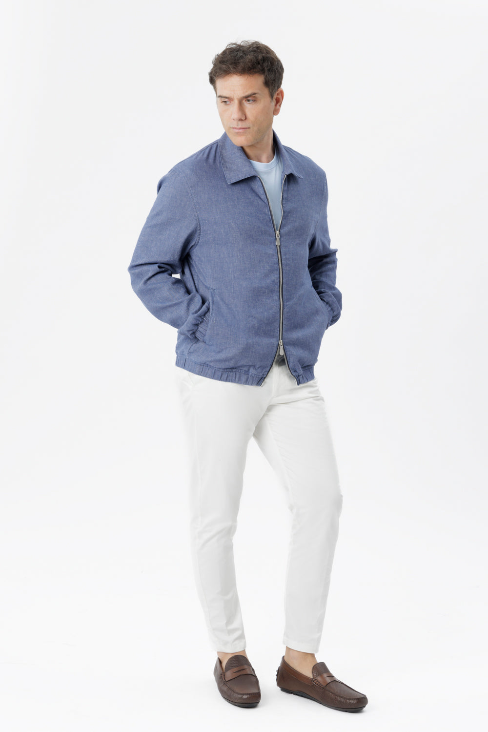 Genova jacket with zip in medium denim cotton blend linen