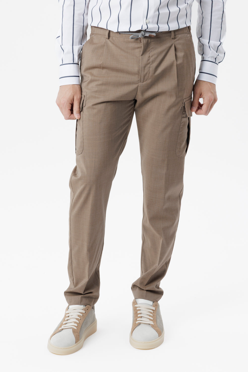 Pantalone Cargo in popeline di lana natural stretch tabacco