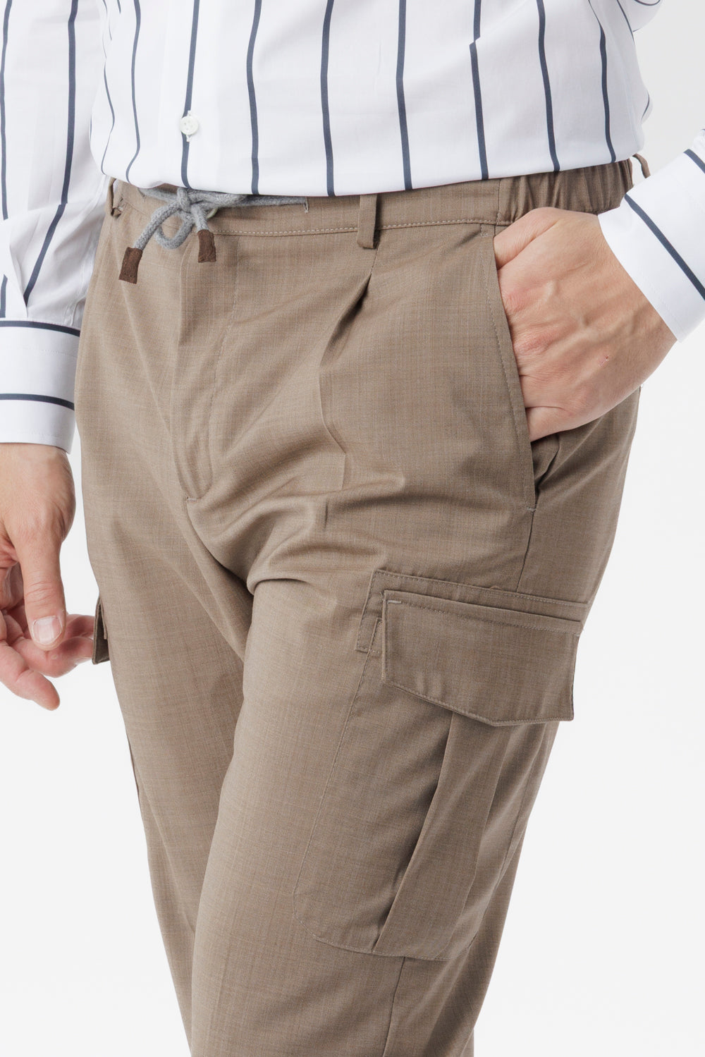 Pantalone Cargo in popeline di lana natural stretch tabacco