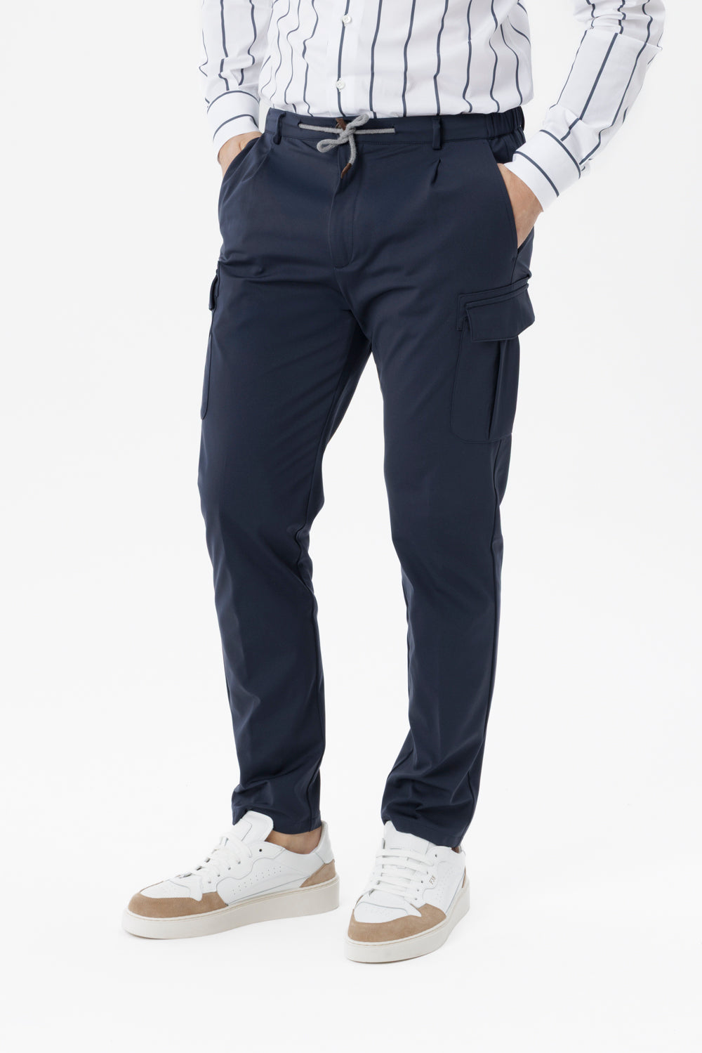 Pantalone Cargo in popeline di lana natural stretch blu navy