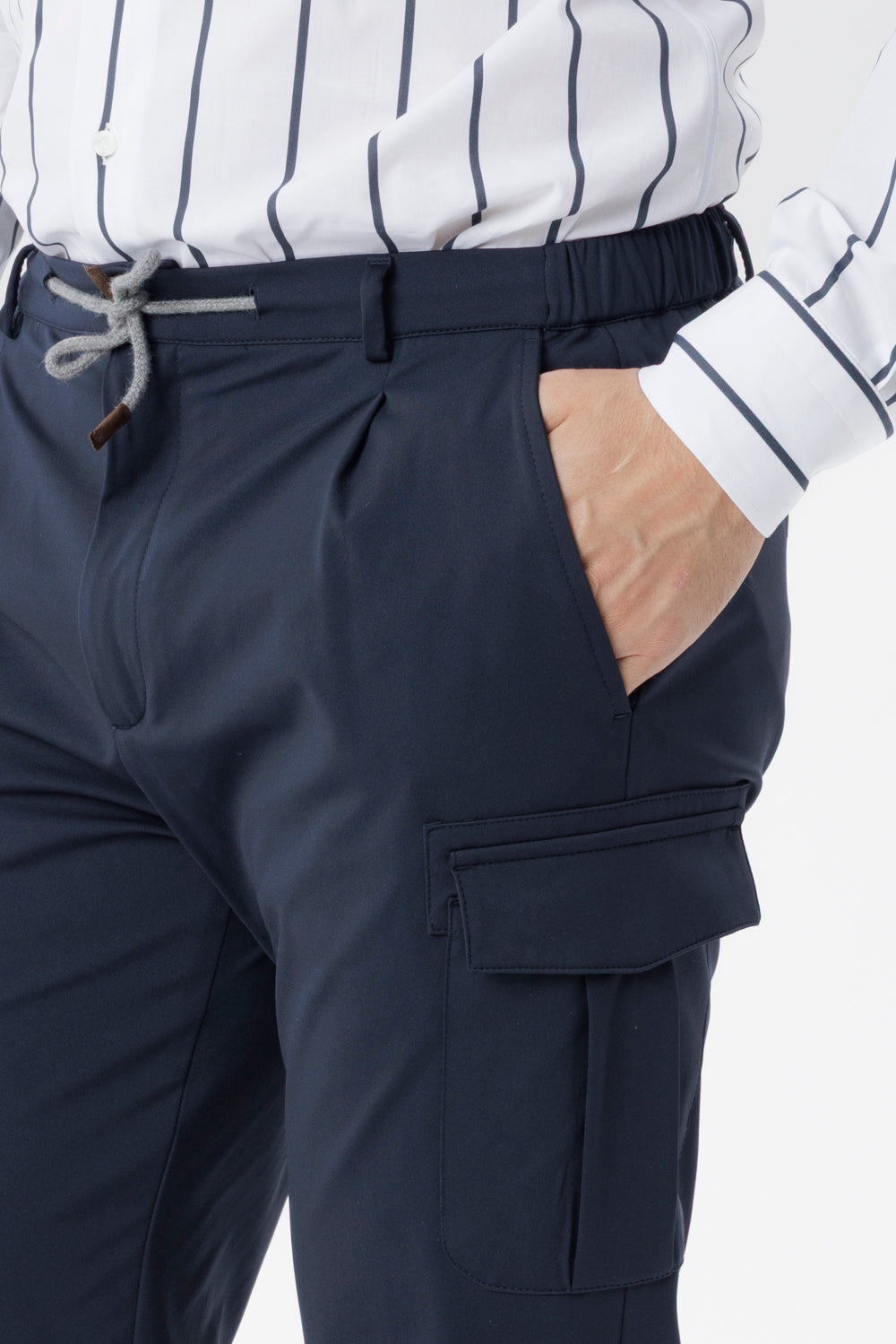 Pantalone Cargo in popeline di lana natural stretch blu navy
