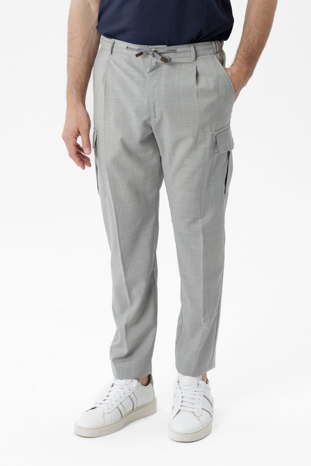 Pantalone Cargo in popeline di lana natural stretch grigio chiaro
