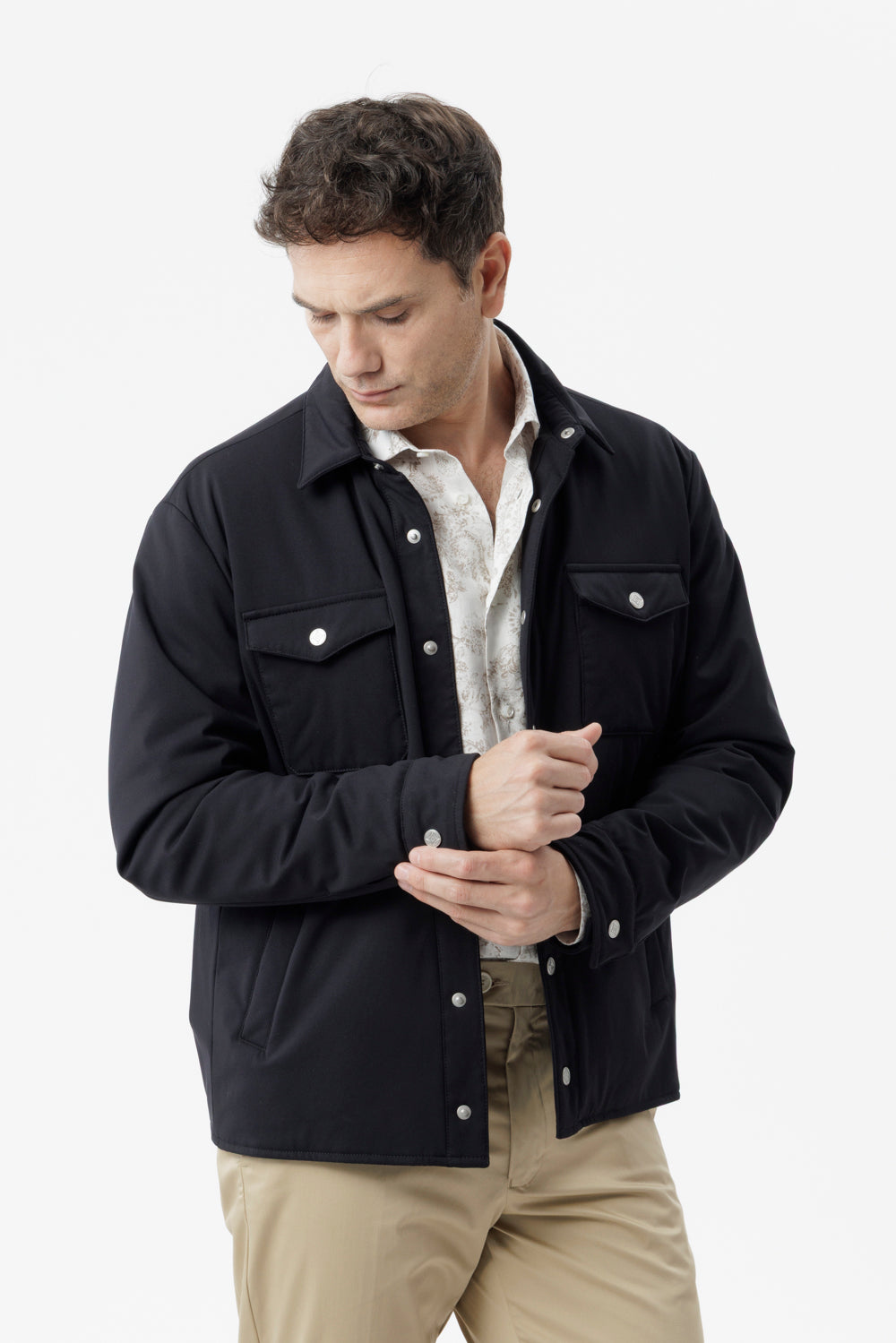 Black membrane stretch nylon overshirt