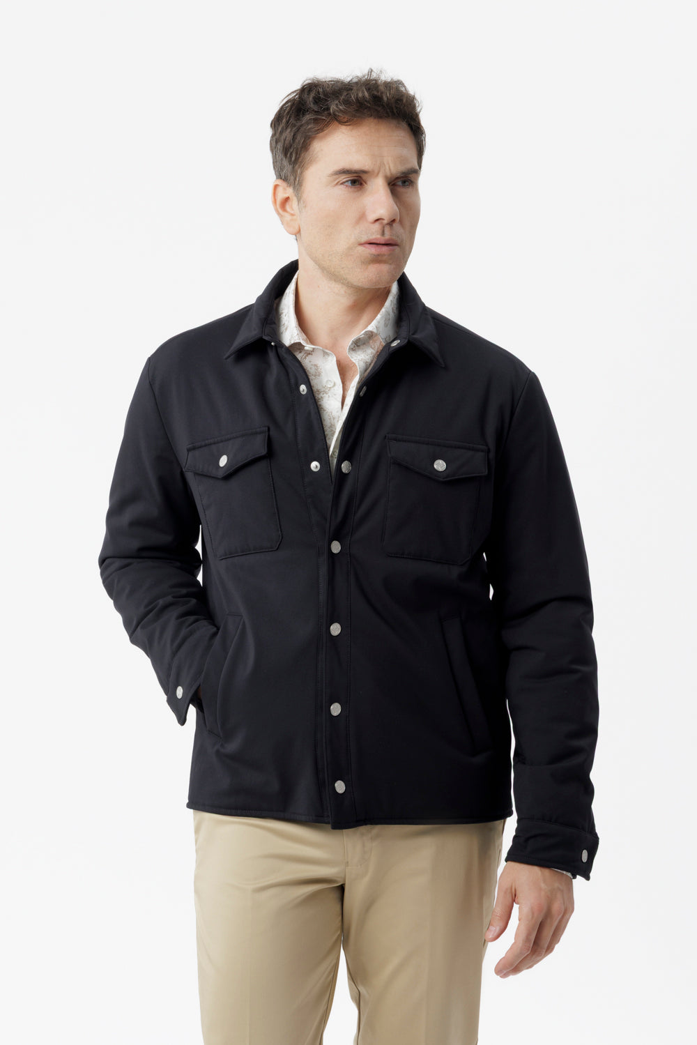 Black membrane stretch nylon overshirt