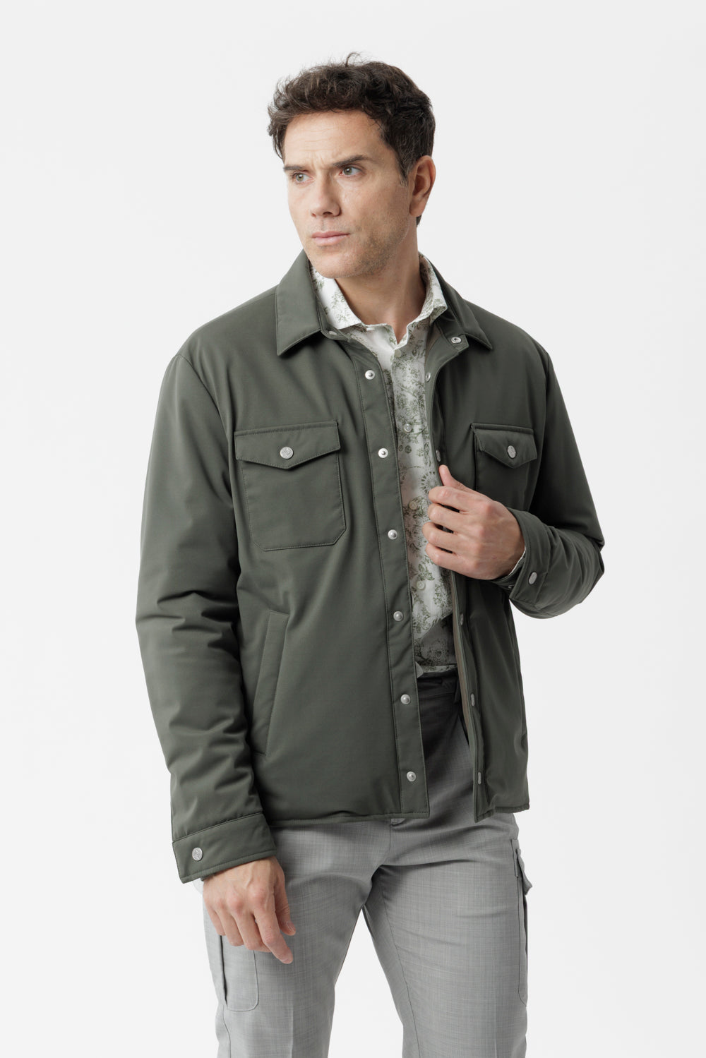 Military green stretch membrane nylon overshirt
