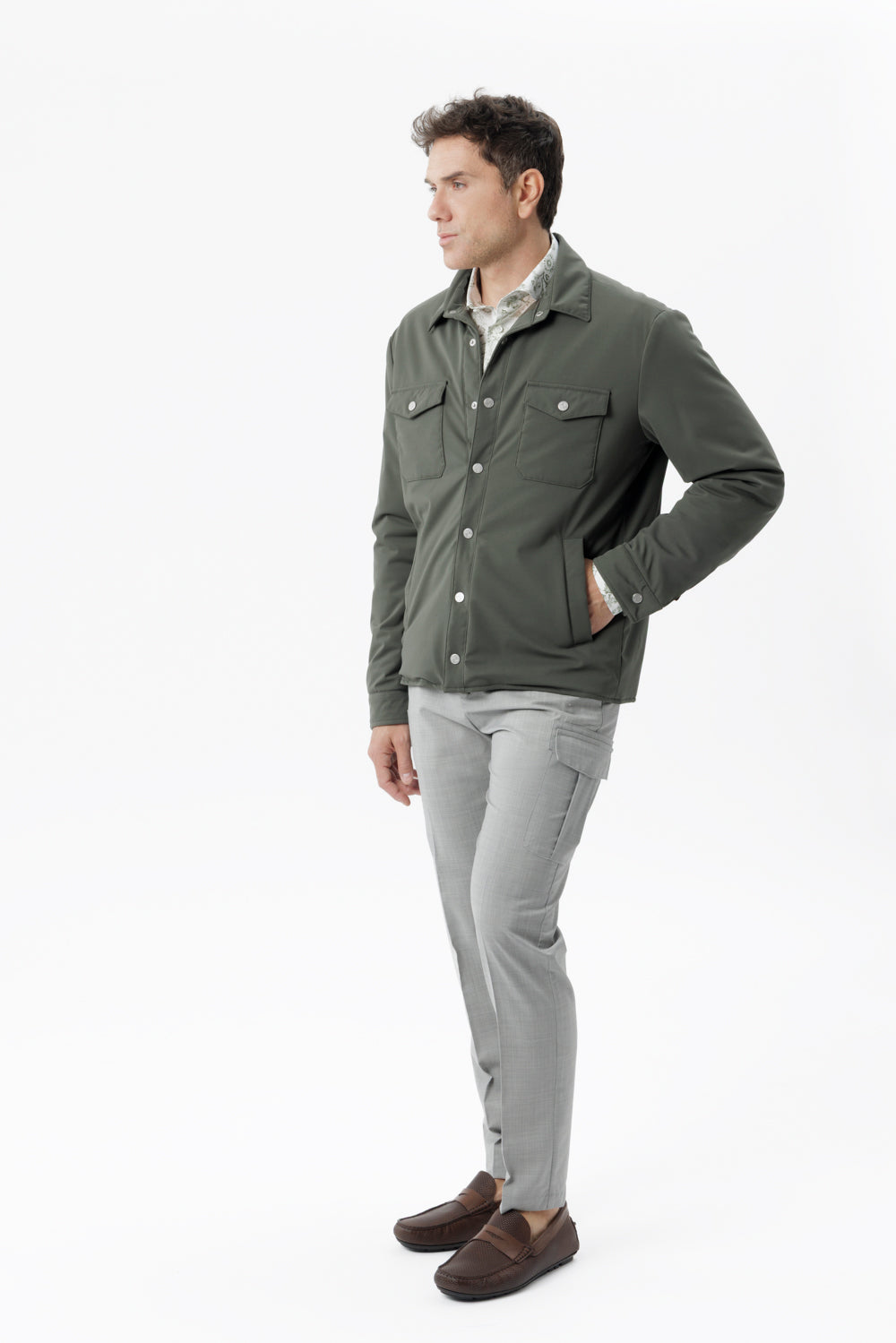 Military green stretch membrane nylon overshirt