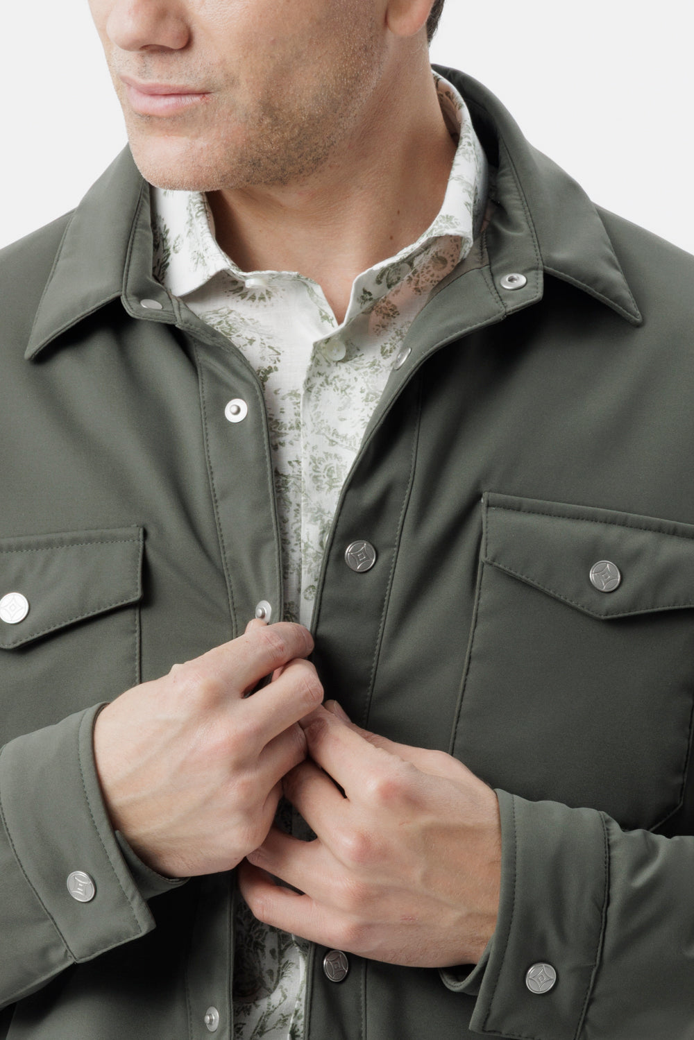Military green stretch membrane nylon overshirt