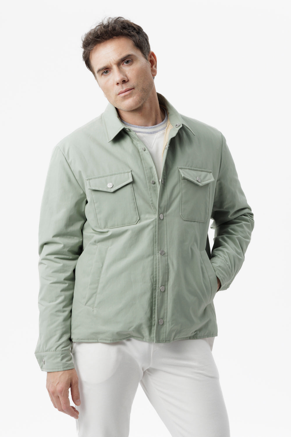 Sage green technical cotton overshirt