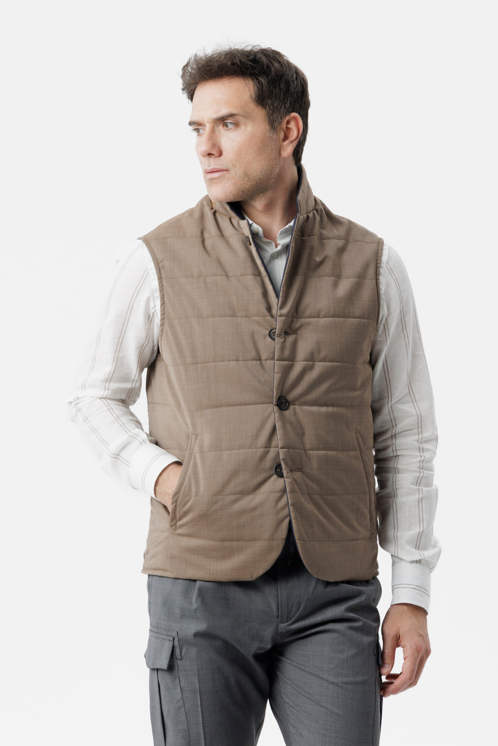Reversible bi-material vest in wool poplin and technical beige cotton