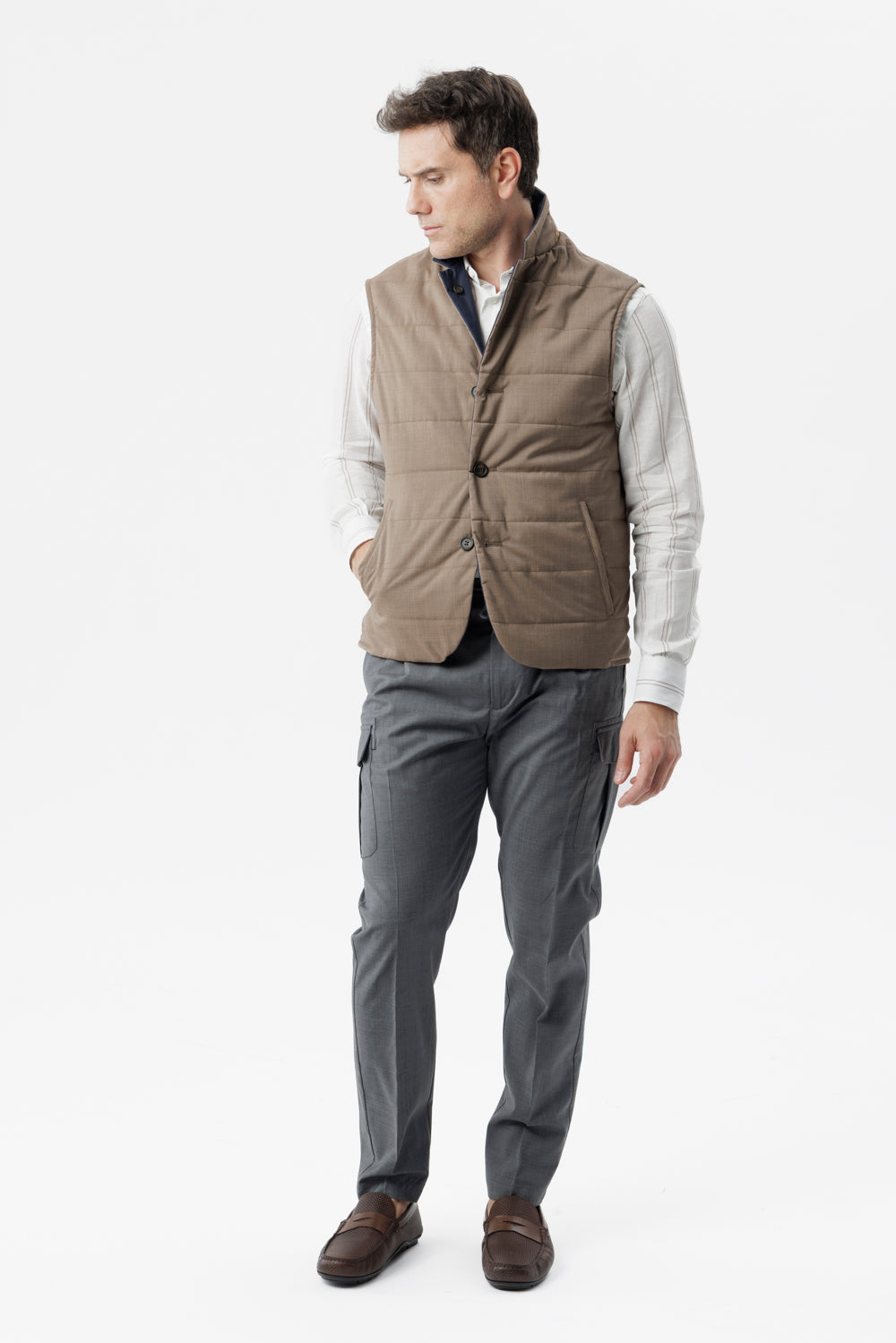 Reversible bi-material vest in wool poplin and technical beige cotton