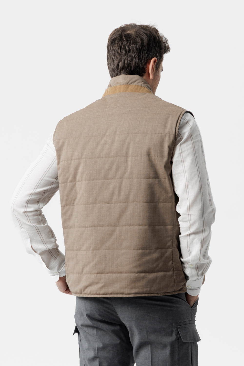Reversible bi-material vest in wool poplin and technical beige cotton