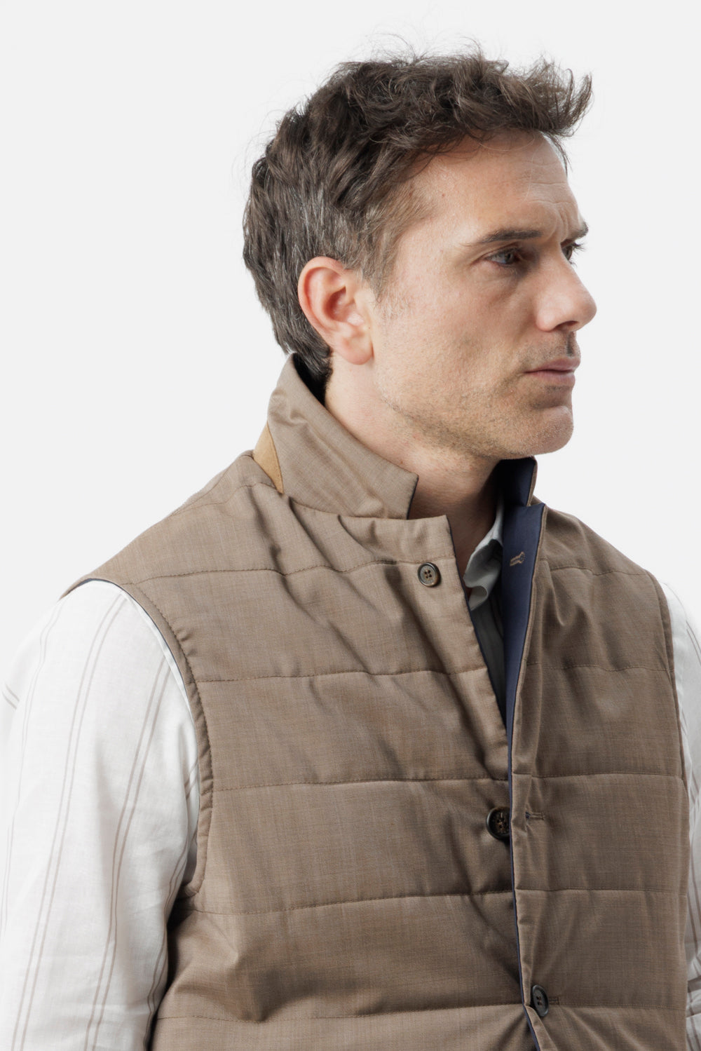 Reversible bi-material vest in wool poplin and technical beige cotton