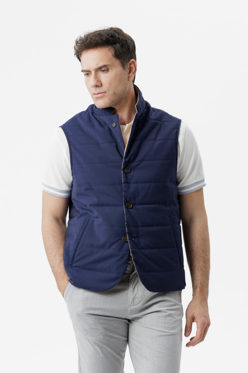 Reversible bi-material gilet in navy wool poplin and technical cotton