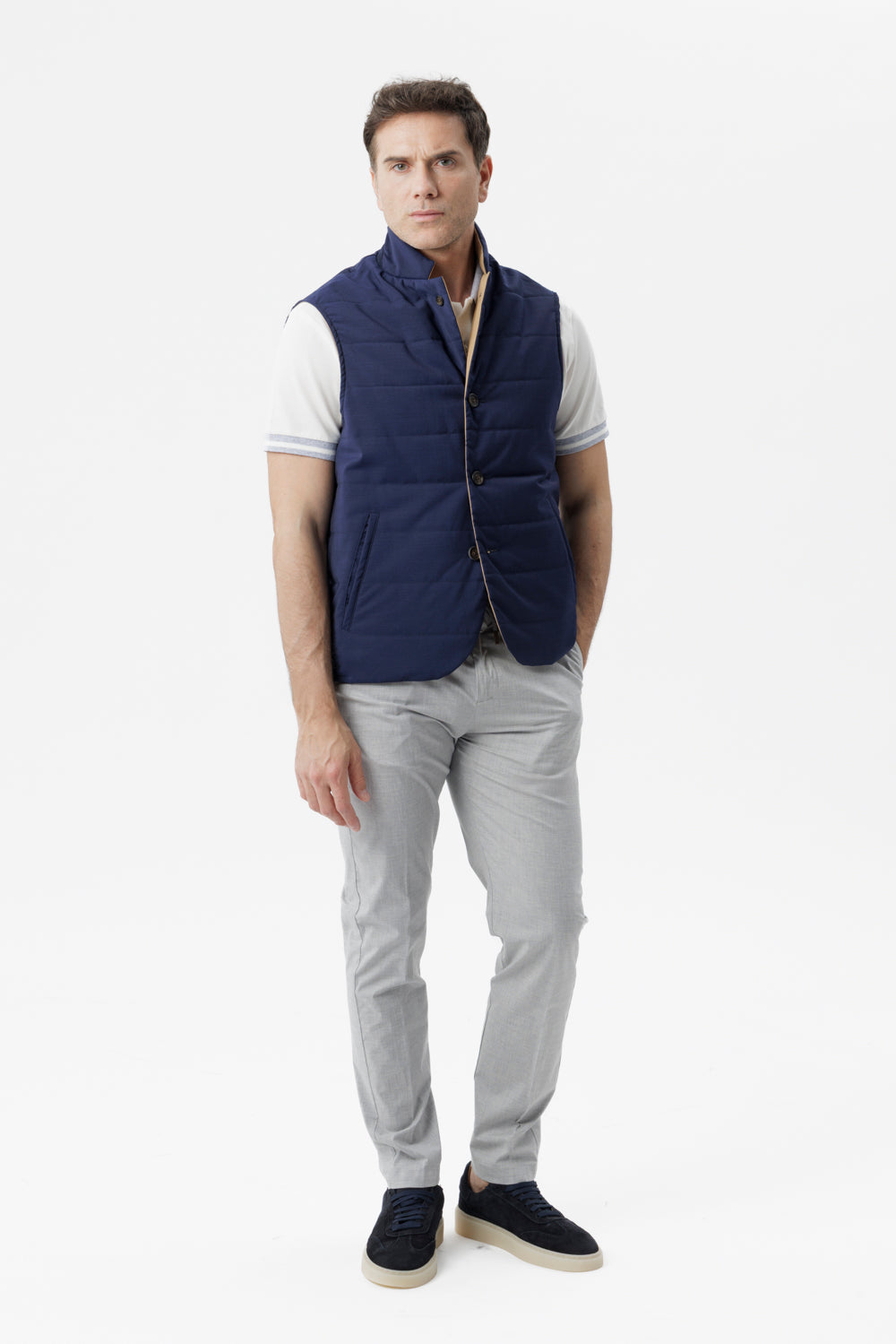 Reversible bi-material gilet in navy wool poplin and technical cotton