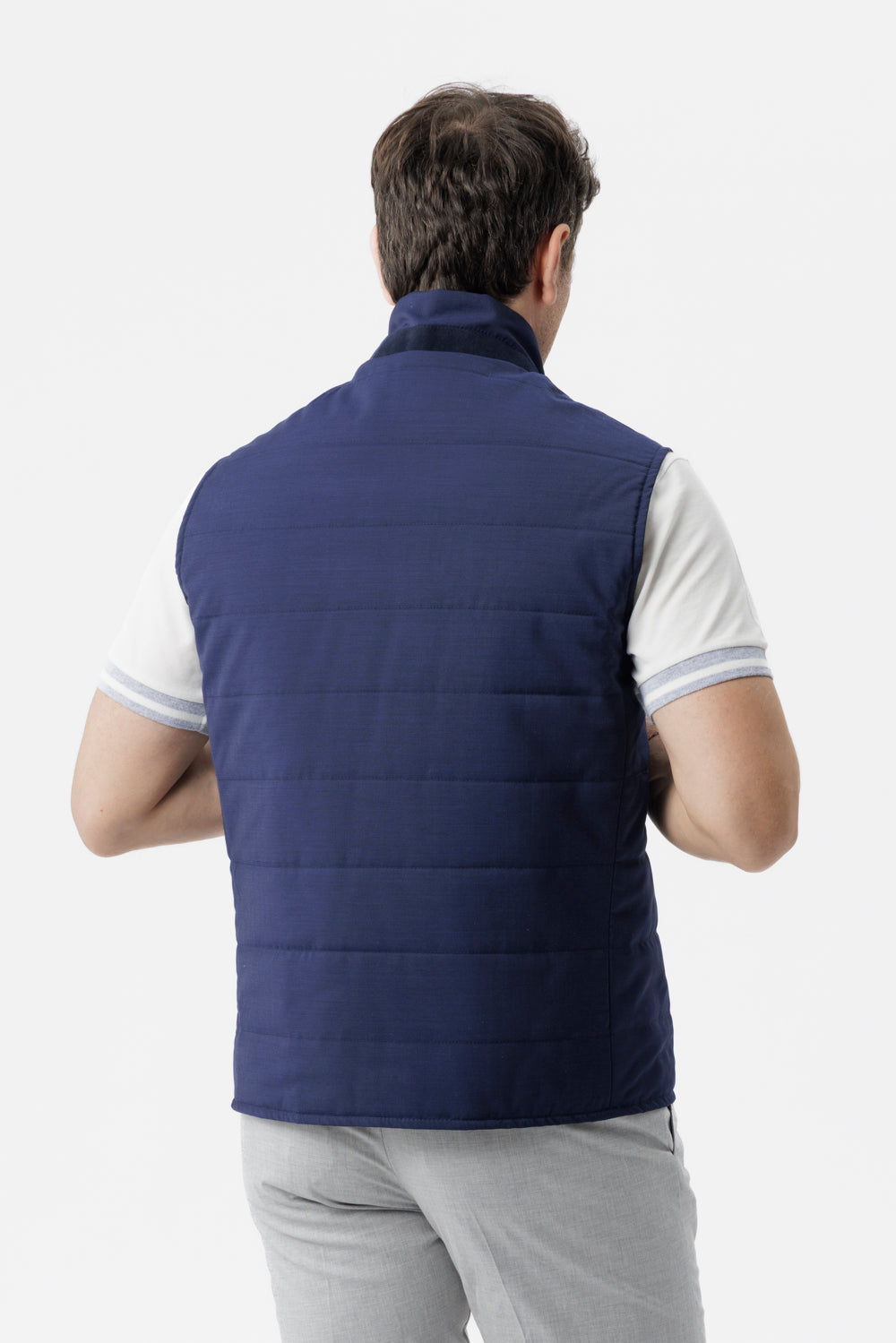 Reversible bi-material gilet in navy wool poplin and technical cotton