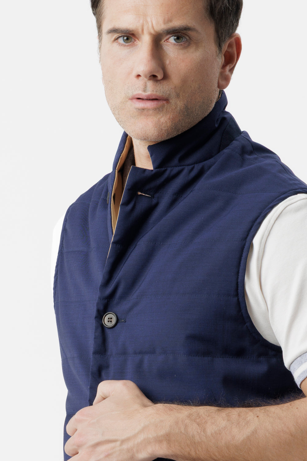 Reversible bi-material gilet in navy wool poplin and technical cotton
