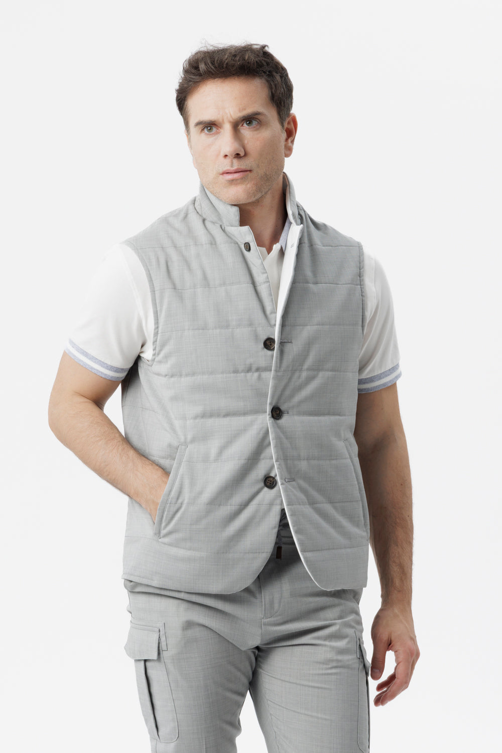 Reversible two-material gilet in wool poplin and light gray technical cotton