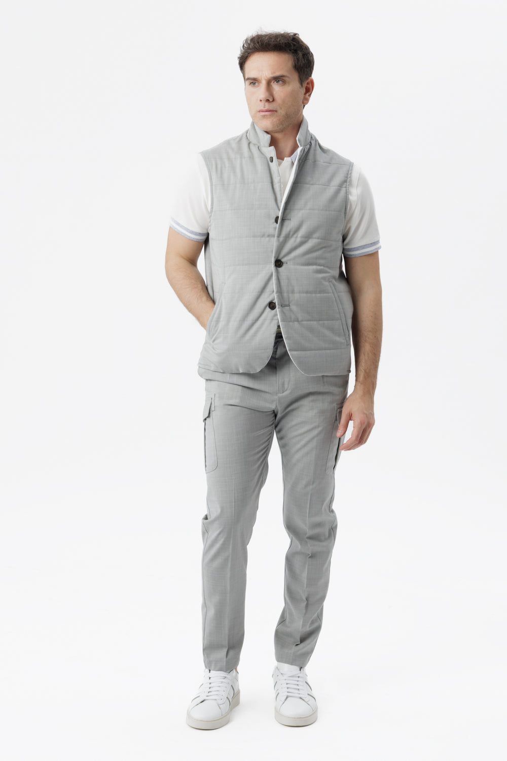 Reversible two-material gilet in wool poplin and light gray technical cotton