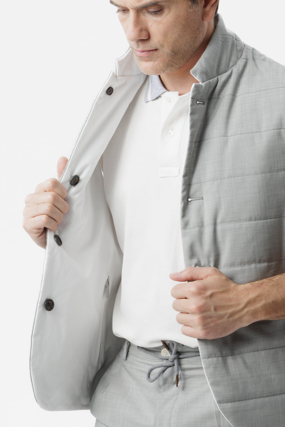 Reversible two-material gilet in wool poplin and light gray technical cotton