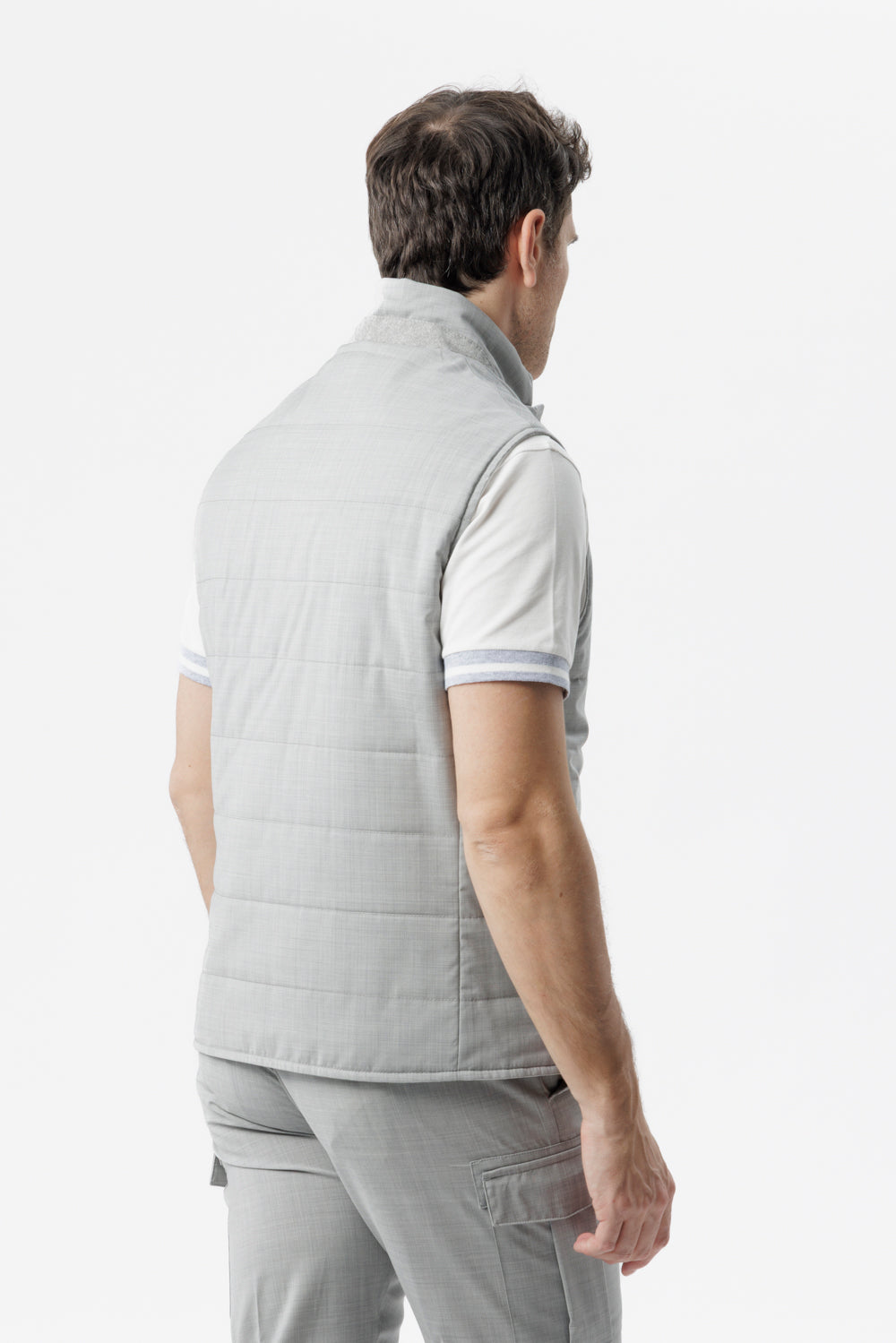 Reversible two-material gilet in wool poplin and light gray technical cotton