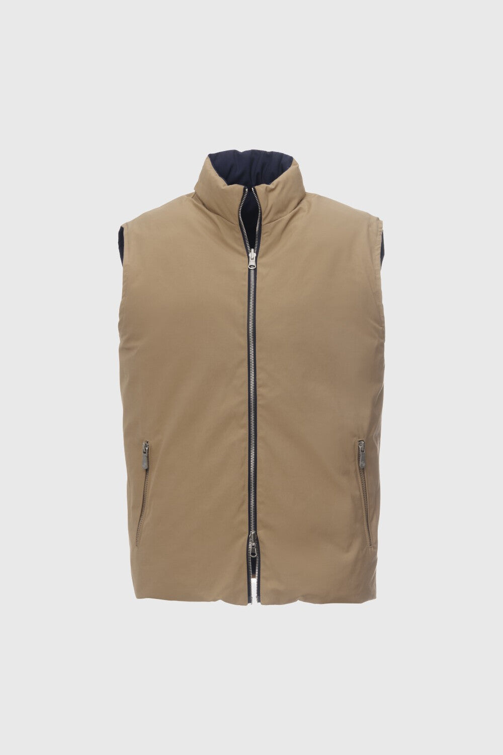 Reversible two-material gilet with regenerated navy blue cashmere padding