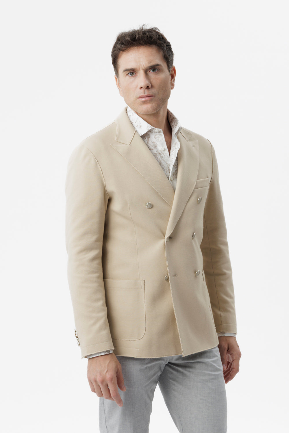 Giacca doppiopetto taglio vivo in cotone piquet stretch beige