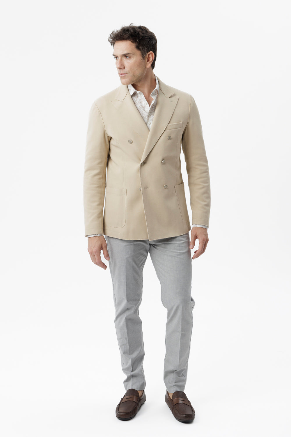 Giacca doppiopetto taglio vivo in cotone piquet stretch beige