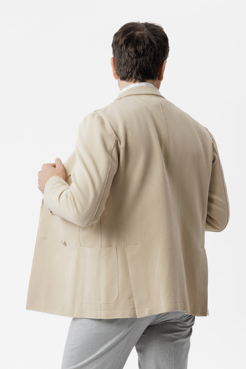 Giacca doppiopetto taglio vivo in cotone piquet stretch beige